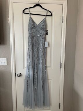 MARINA Silver Sequin Beaded Evening Dress